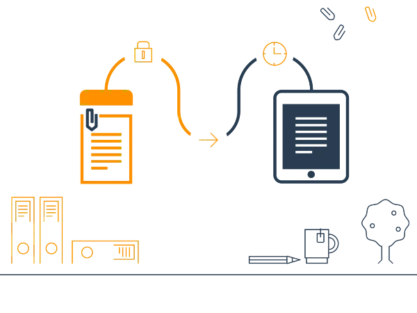 Das Bild zeigt einen grafischen Fluss zwischen einem gesicherten Dokument in einem Ordner und einem digitalen Gerät, wobei eine Uhr und eine Büroklammer als Symbole für Zeit und Organisation dienen. Im Hintergrund sind weitere Büroelemente wie Aktenordner, ein Becher und ein Baum angedeutet.
