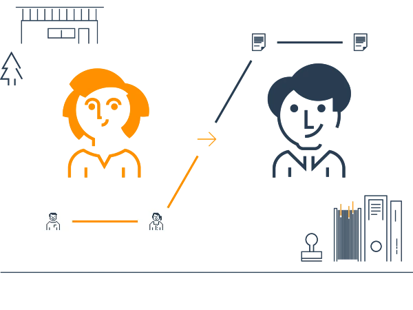 Eine stilisierte Grafik zeigt zwei vereinfachte Gesichter, eines in Orange und das andere in Blau, mit Verbindungslinien zwischen ihnen. Umrahmt werden sie von Symbolen wie einem Gebäude, einem Baum, Aktenordnern und einem Stempel.