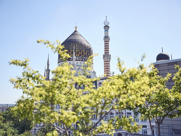 Im Vordergrund sind grüne Blätter zu sehen, während im Hintergrund die prächtige Kuppel eines Gebäudes mit der Aufschrift "Mztavar Nidzze" und einem hohen Minarett vor strahlend blauem Himmel sichtbar ist.