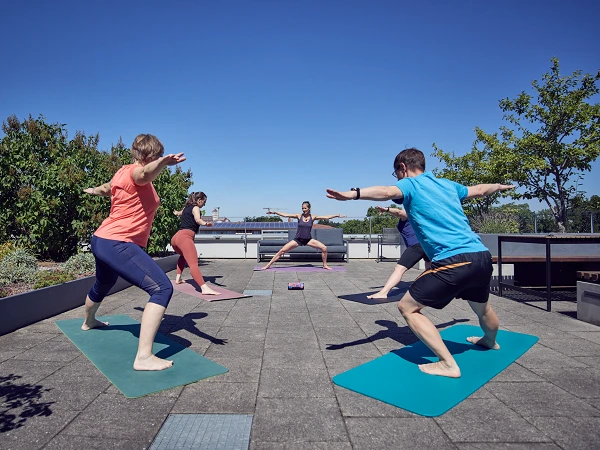 Sechs Personen praktizieren Yoga im Freien auf einer Terrasse mit blauen Himmel und Sonnenschein, wobei einige in der Krieger-Position stehen und andere ihre Balance halten.