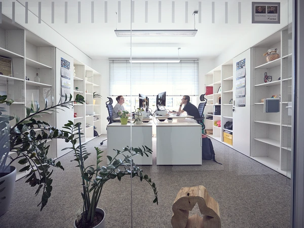Zwei Personen sitzen an einem Schreibtisch in einem modernen Büro mit Regalen voller Bücher und Büromaterial. Im Vordergrund sind Pflanzen zu sehen, und durch eine Glaswand ist der Bereich sichtbar.