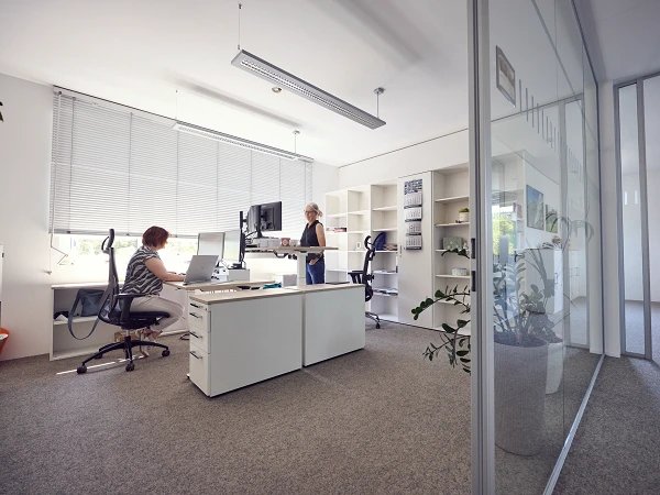 Zwei Personen arbeiten in einem modernen, hellen Büro, während eine Person an einem Schreibtisch sitzt und an einem Computer arbeitet. Die andere Person steht an einem Stehpult mit einem weiteren Bildschirm. Im Hintergrund sind Regale und Pflanzen sichtbar, die dem Raum eine freundliche Atmosphäre verleihen.