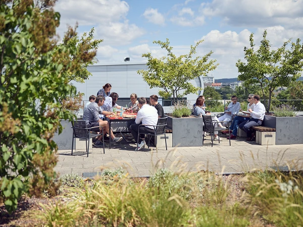 Eine Gruppe von zehn Personen sitzt an einem Tisch im Freien und genießt eine Mahlzeit auf einer Dachterrasse, umgeben von grünen Pflanzen und Bäumen, mit einer hellen, bewölkten Himmel im Hintergrund.