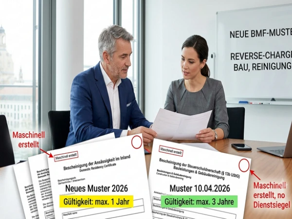 Ein Mann und eine Frau sitzen an einem Tisch in einem modernen Büroumfeld und prüfen gemeinsam Dokumente, die offensichtlich Zertifikate oder Bescheinigungen sind. Auf den Dokumenten steht "Neues Muster 2026" und "Muster 10.04.2026" sowie Hinweise zur Gültigkeit. An der Wand im Hintergrund hängt ein Flipchart mit der Aufschrift "NEUE BMF-MUSTER".