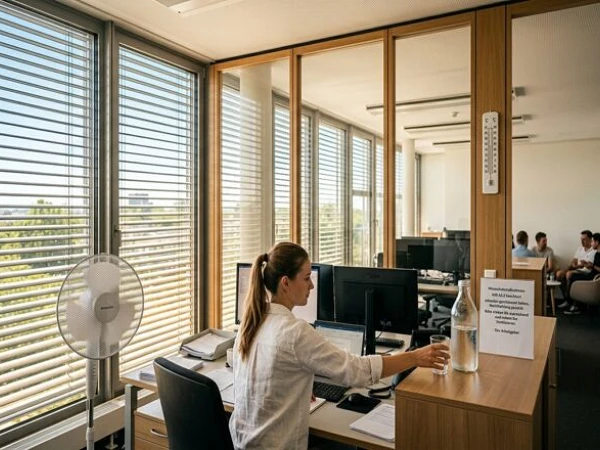 Eine Büroszene mit einer Frau, die einen Wassertopf auf einen Tisch neben ihrem Laptop stellt. Im Hintergrund sind weitere Büroangestellte sichtbar, die an Schreibtischen sitzen. Große Fenster lassen viel Tageslicht herein, und ein Ventilator steht auf dem Tisch.