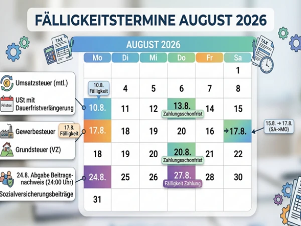 Der Kalender für August 2026 listet verschiedene Fälligkeitstermine für steuerliche Zahlungen, darunter die Umsatzsteuer, Gewerbesteuer und Grundsteuer, mit besonderen Hinweisen auf Zahlungstermine und Zahlungsfristen.